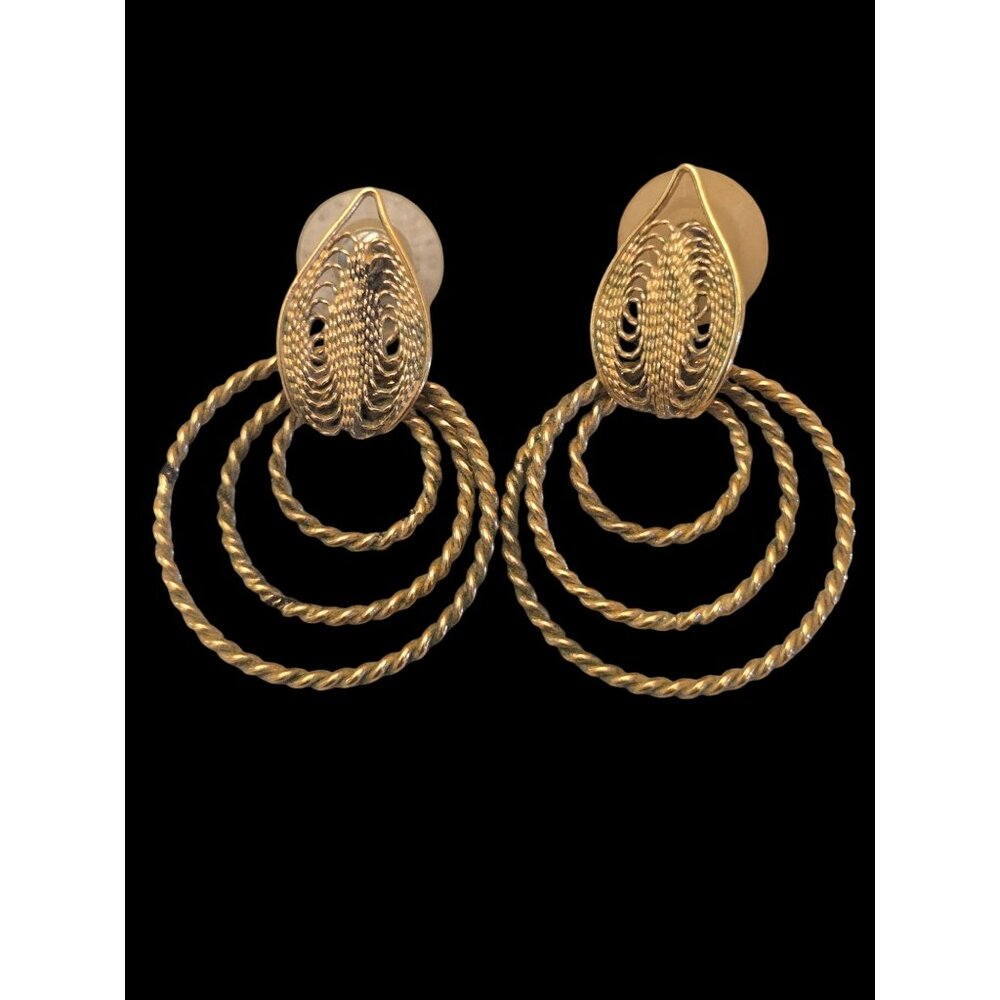 Vintage Triple Hoop Statement Earrings Twisted Rope Textured Leaf Design